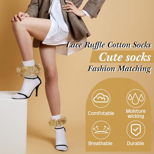 Image of Geyoga 3 Pairs Women Big Ruffle Socks Turn Cuff, Double Lace Ankle Cotton Frilly Socks for Ladies Summer
