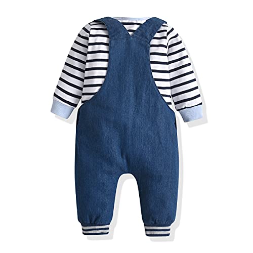 Lvyinli Baby Boys Outfits Clothes Suit Toddler Boy's Stripe Long Sleeve Bodysuit+Dinosaur Denim Overalls Jumpsuit Pants Sets (0-6 Months, Blue) #TOP1