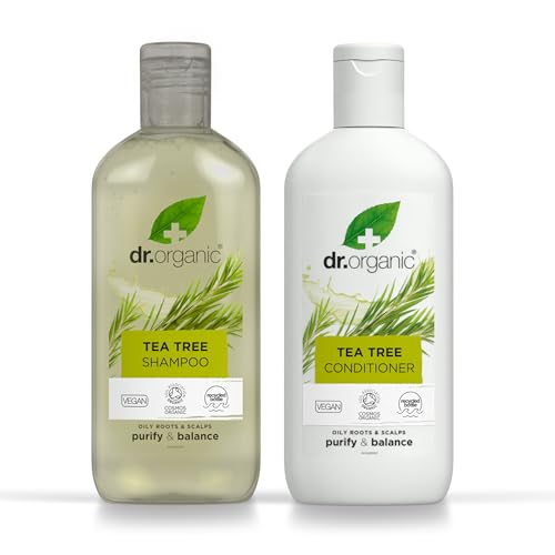 Dr Organic Tea Tree Shampoo e Balsamo, Purificante, Radici Grasse, Naturale, Vegano, Senza Crudeltà, Senza Parabeni e SLS, Plastica Riciclabile e Riciclata dai Mari, Biologico, 265ml x2