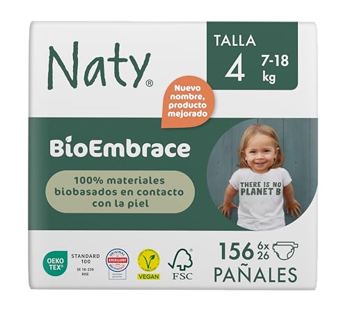 Naty BioEmbrace Pañales para Bebé Talla 4 (7–18 kg) | 100% Biobasados en contacto con la piel | Suavidad a de origen vegetal, Dermatológicamente testado, Súper Absorbente | 156 Unidades
