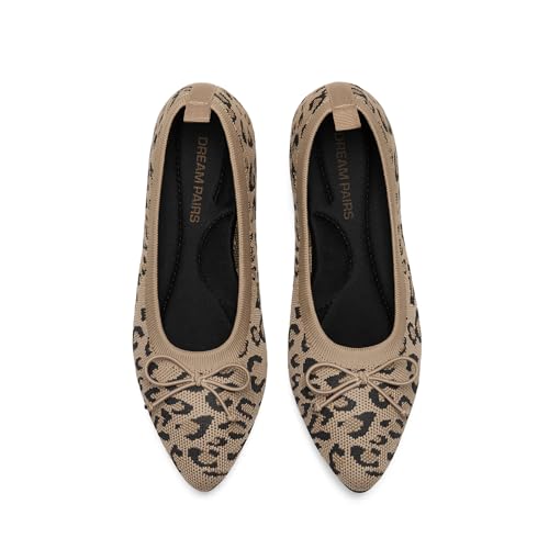 DREAM PAIRS Women's Ballet Knit Flats Foldable Pointed Toe Comfortable Dressy Flat Shoes with Bow-Knot Casual Business Work Office 6 Leopard