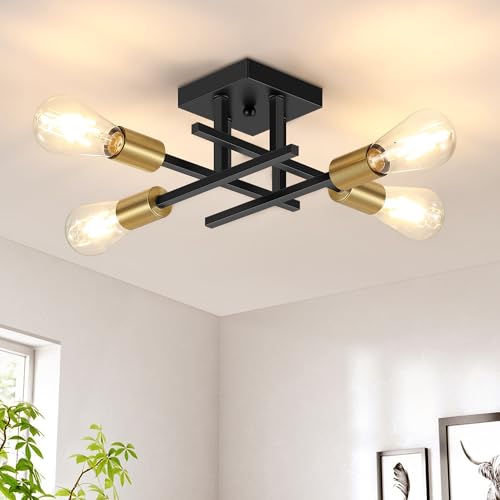 4-Lights Sputnik Chandelier Modern Semi Flush Mount Ceiling Light for Bedroom Lighting, Industrial Kitchen Light Fixture Ceiling Mount for Dining Room Hallway Living Room(Black with Gold)