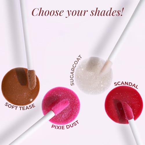 Image of Juice Crush Glossifive Tinted Lip Gloss With High Shine Glossy Finish For Fuller And Plump Lips | Long-Lasting | Hydration | Light-Weight Formula | Moisturising & Non-Sticky | Pack of 4 (Sugar Coat-M01, Pixie dust - M02, Soft Tease - M03, Scandal - M04)