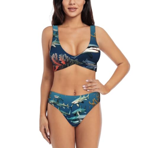 Maillot de bain deux pièces triangle réglable pour femme motif requin bleu marin