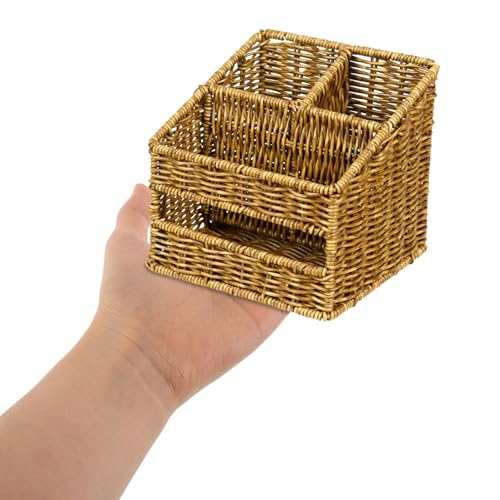 Panier de rangement tressé marron à 4 compartiments pour toilette et coiffeuse