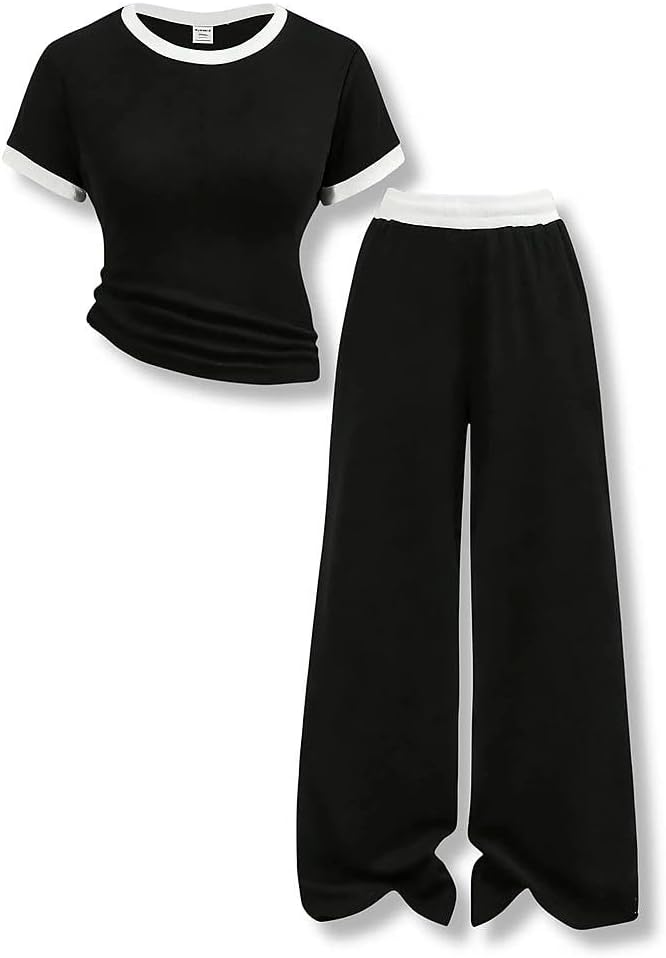 7-14 Years Girls Sizes 2 Piece Casual Set Ruched Short Sleeve Fitted Waist-Cinched Top & Wide Leg Pants