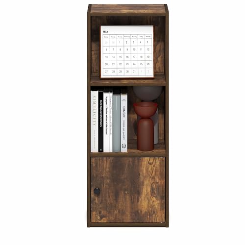 Image of Furinno LUDER Book Shelf, 3-Tier Bookshelf with Open Shelf, Standing Bookcase with 1 Door Cabinet, 9.3 x 12 x 31.5, for Organization and Storage, for Living Room, Bedroom, Home Office, Amber Pine