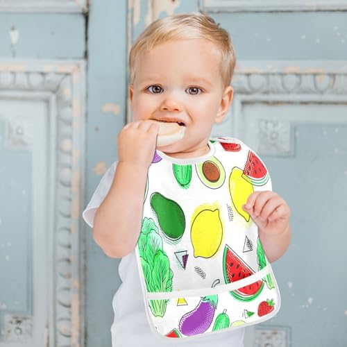MCHIVER Veggie Fruit White Baby Bibs for tag1 Waterproof Feeding Bib Apron with Food Cather Adjustable Cotton Food Eating Bib 2 Pack4