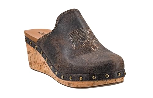 Corkys Footwear Womens Yee Haw Slip-in Wedge - Featuring a 2.5-Inch Heel, Western Stitching on The Upper, Soft EVA Insoles, and Studs Along The Outsole - Espresso Crinkle, Size 83