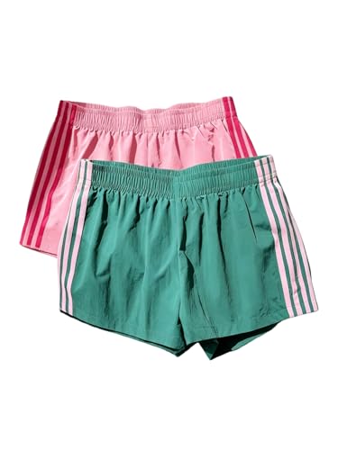 MakeMeChic Womens 2 Pack Striped Running Shorts Summer Track Workout Athletic Shorts Striped Green Pink Small