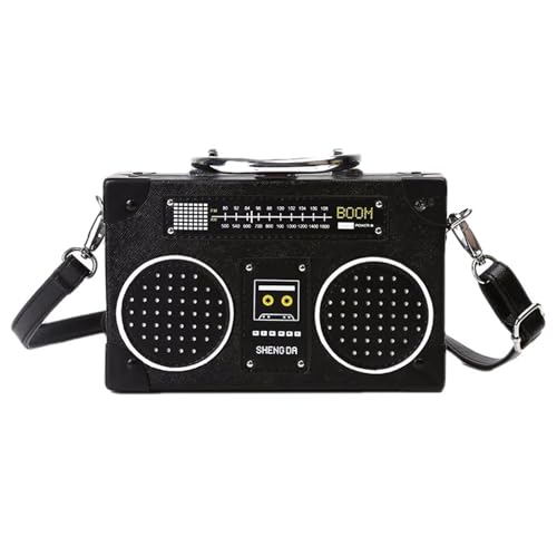 [Tertioi] Radio Shape Messenger Bag Bolso de cuero PU Bolso de mano de noche Bolso de mano de moda Bandolera Cinta para el hombro Bolso de hombro para mujeres con forma de radio hombro cruzado, Negro