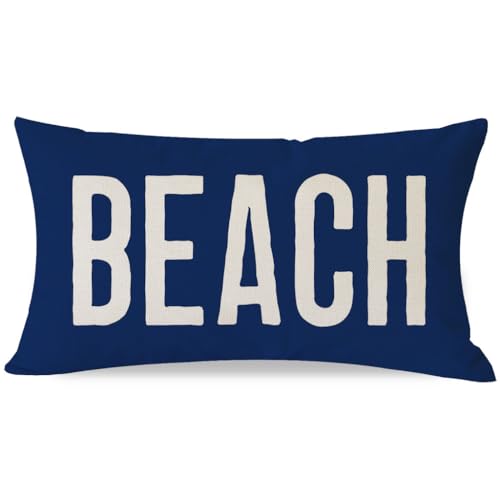 PANDICORN Summer Beach Throw Pillow Covers 12×20 Inch Quote with Beach Word Blue Theme Coastal Outdoor Decorations Lumbar Decorative Throw Pillows Cases for Beach House Home Living Room Couch Decor