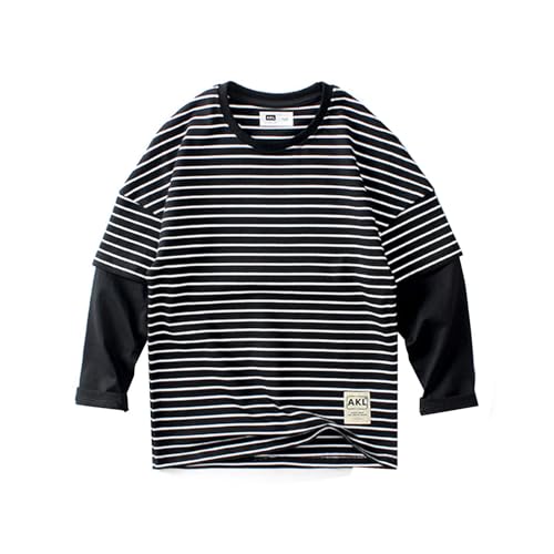 Image of Kids Toddler Boys Girls Striped Sweatshirt Pullover Crew Neck Long Sleeve Activewear Tops T Shirts (Black, 11-12 Years)