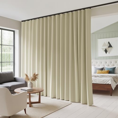 Image of RYB HOME Extra Wide Blackout Curtain with Hooks, Ceiling Mounted & Rod Pocket, Thermal Insulated Privacy Assurd Curtain for Office /Living Room, Room Divier Panel, Light Beige, W120 x L96, 1 Panel