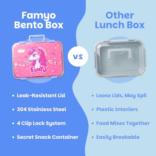 Image of Famyo Bento Lunch Box for Kids, June Unicorn | Leakproof, Stainless Steel, 3 Compartment, 4 Clip Lock & Secret Compartment, BPA Free