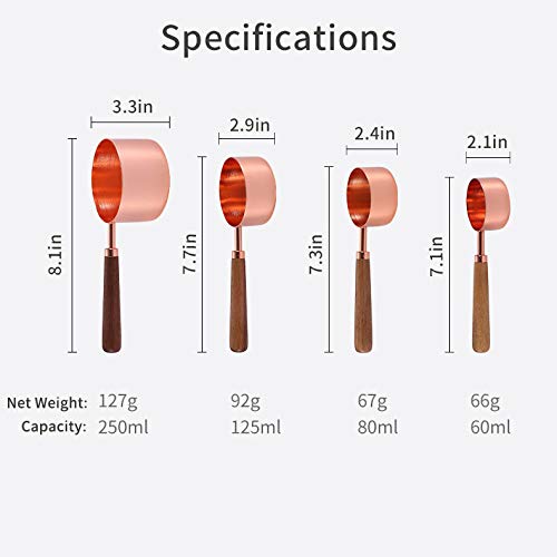 4 Pcs Rose Gold Measuring Cups Set - Stainless Steel Baking Cooking Kitchen Copper Measuring Tools With Walnut Wood Handle Measure Dry And Liquid Ingredients Metering Cup #TOP3