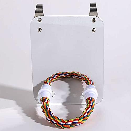 NA Bird Mirror Birdcage Perches Mirror Birdcage Stand Perch Parrot Bite Toy with Rope for Parakeet, Cockatoo, Cockatiel and More, white