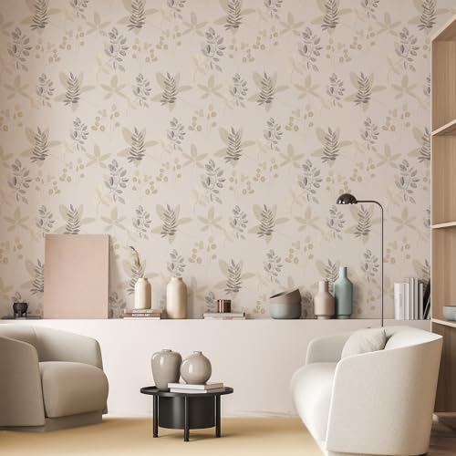 Papel tapiz autoadhesivo floral beige extraíble de plástico para pared 4