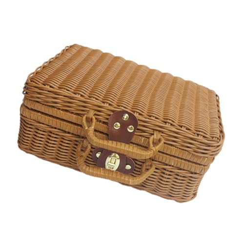 KICHOUSE Cesta de Picnic Grande de Estilo Retro, Cesta Tejida de Imitación Mimbre en Color Marrón, Caja Funcional para Almacenar Alimentos y Objetos Pequeños, Adecuado para Bodas y