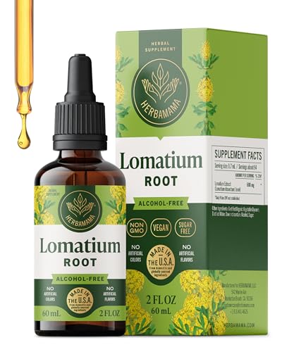 HERBAMAMA Lomatium Root Tincture - Vegan Lomatium Dissectum Extract for Lung Detox & Cleanse - Non-GMO Alcohol & Sugar-Free Respiratory Lung Support Supplement 28-Day Supply