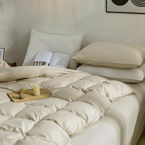 Image of JELLYMONI Cotton Duvet Cover Full Size - 100% Washed Cotton Linen Like Textured Comforter Cover, 3 Pieces Lightweight Soft Bedding Set with Zipper Closure (Light Khaki, Full 80 inchx90 inch)