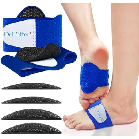 DR. POTTER+ Arch Support Sleeves for Plantar Fasciitis Relief, Adjustable Compression Bands with Removable Arch Support Pads for Fallen Arches, High Arch, Flat Feet, Feet Pain Relief - Blue Cover