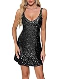 Trancylight Women's Glitter Sequin Dress Spaghetti Strap V Neck Party Cocktail Sparkly Mini Dress Clubwear Black