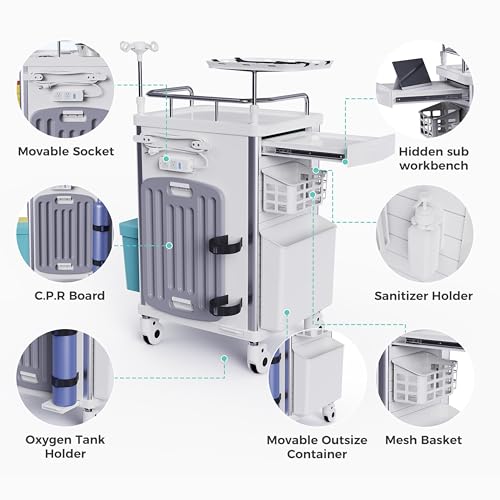 OLERN Rolling Crash Cart Medical with Drawers - Adjustable IV Pole, Silent Casters, Needle Disposal Holder, Trash Bin, O2 Holder, Utility Trolley Cart for Clinic, Hospital, Salon, Lab