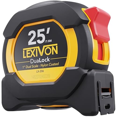 LEXIVON 25Ft/7.5m DuaLock Tape Measure | 1-Inch Wide Blade with Nylon Coating, Matt Finish White & Yellow Dual Sided Rule Print | Ft/Inch/Fractions/Metric (LX-206)