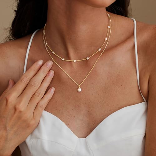 Pearl Necklace for Women, Dainty 14K Gold Plated Layered Pearls Chain Set, Trendy Stack Beaded Charm Simple Link Choker Necklace Jewelry Gift for Wedding Prom Statement Summer2
