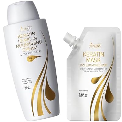 VITAMINS hair cosmetics Keratin Thin Hair Leave-In Conditioner & Hair Mask Travel Kit - Hydrating No Rinse Cream & Deep Conditioning Hair Mask for Thin Fine Hair - Pro Salon Care for Dry Damaged Hair