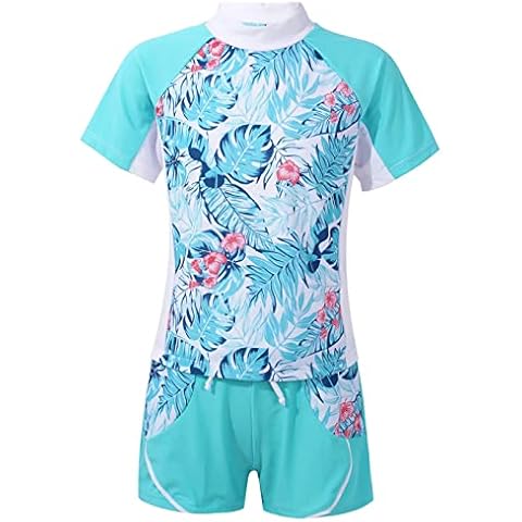 dPois Kids Girls Rash Guard Flower Printed Tankini Set T-Shirt with Swim Short Pants Swimsuit Bathing Suit Tropical Leaves 11-12 Years Cover
