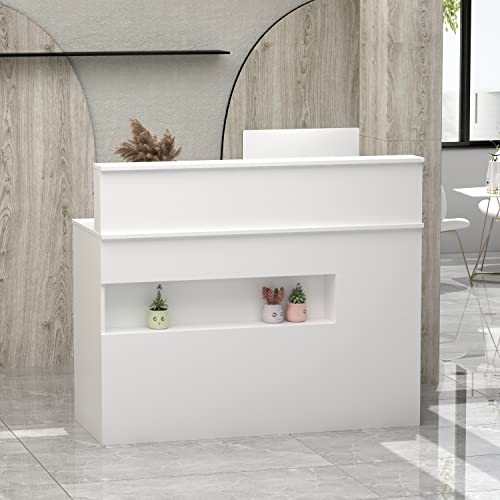 Ecacad Reception Desk With Light, Display Shelf & Lockable Drawers, Office Desk Reception Counter Table With Keyboard Tray And Door, White (47.2”W X 19.7”D X 39.2”H) #TOP3