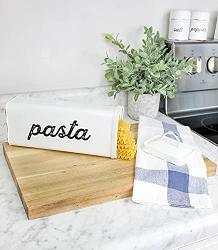 AuldHome Rustic Spaghetti Canister, Distressed White Enamelware Farmhouse Tall Pasta Storage Container