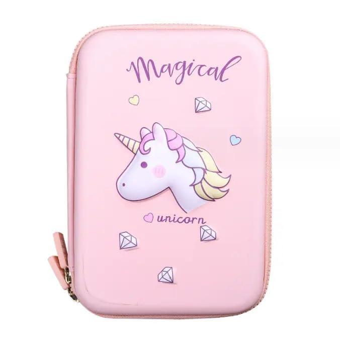 Image of Magical Unicorn Theme 3D EVA Hardtop Pencil Case with Compartments - Kids Large Capacity School Supply Organizer Students Stationery Box - Girls Boys Pen Pouch (Big Unicorn Pink)