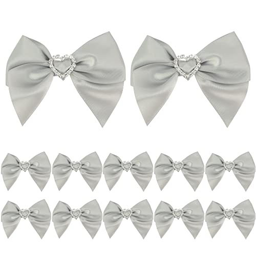 Aimudi Pre-Tied Silver Satin Bows With Rhinestone 3" Grey Ribbon Bows With Heart Diamante Bows For Gift Wrapping Small Bows For Crafts Wedding Embellishment Shower Party Favors - 12 Pcs #TOP9
