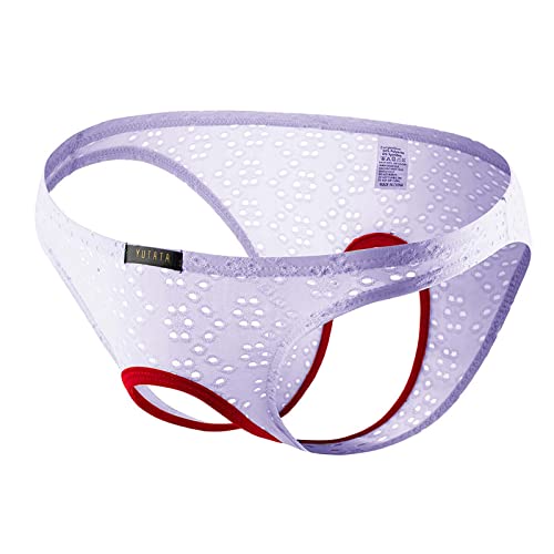 Men's Sexy Open Front Briefs Butt-Flaunting Underwear Jockstrap G-String Bikini Sissy Gay Cutout Thong Panties (Purple,Large)