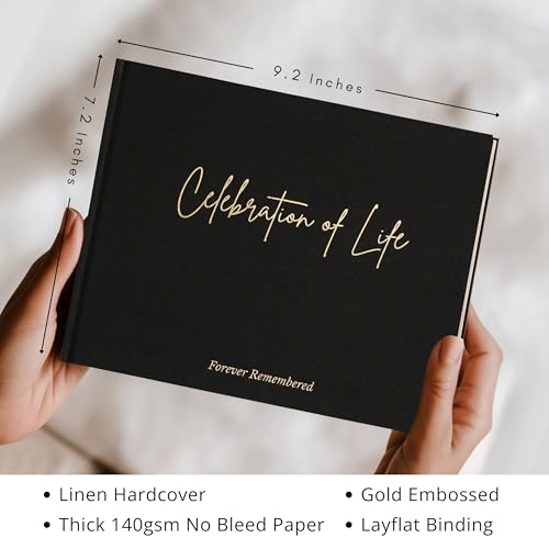 Image of Celebration of Life Black Guest Book - Funeral Guest Book for Memorial Service - Burial Registry Sign in Book - Linen Hardcover & Gold Foil - Keepsake Memory Book for Loved Ones - Black