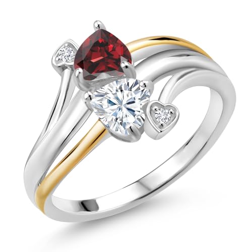 Gem Stone King 925 Sterling Silver and 10K Yellow Gold Red Garnet Moissanite and Lab Grown Diamond 2 Heart Promise Couple Mother Ring (1.12 Cttw, Available In Size 5, 6, 7, 8, 9)