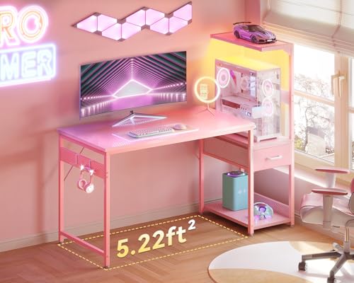 Image of Casaottima 48 Inch Gaming Desk with Storage & LED Lights, Reversible Computer Desk with Display Shelves & Fabric Drawer, Modern Gamer Desk Table with Side Headphone Hook, Carbon Fiber Pink