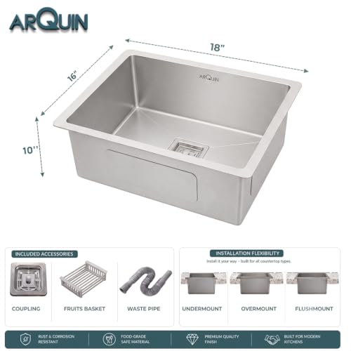 Image of ARQUIN Kitchen Sink 18x16x10 Inch Handmade Sink Matt Finish Single Bowl Heavy Grade Stainless Steel Kitchen Sinks | Basin For Kitchen With Square Drainer and Adjustable Fruit Basket