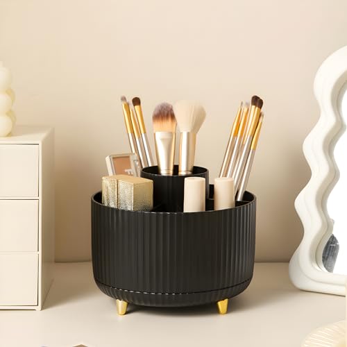 Image of Makeup Brush Holder Organizer,360 Rotating Makeup Brush Organizer,5 Slot Make up Brushes Cup for Cosmetics, Nail Polish, Art Supply, Bathroom Vanity Desktop Organizer - Black