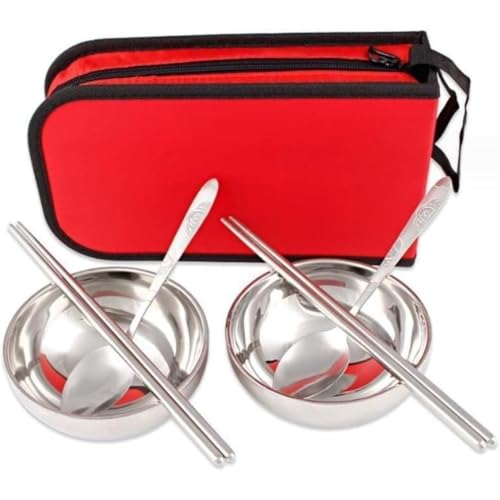 Vlwm 2 人用 ステンレススチール製食器セットスプーン・箸を完備 収納バッグ付きで携帯超便利|BBQ・ピクニック・キャンプ・登山・海釣り・旅行まで多場面に最適 ステンレス製で耐久性・衛生性に優れ (レッド)