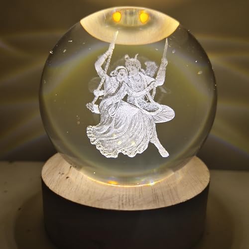 Image of ANTORCHE Radha Krishna Jhula 3D Crystal Ball Warm LED Night Lamp with Wooden Base | Spiritual Home Decor Light | Ideal Gift for Pooja Room, Bedroom & Festivals