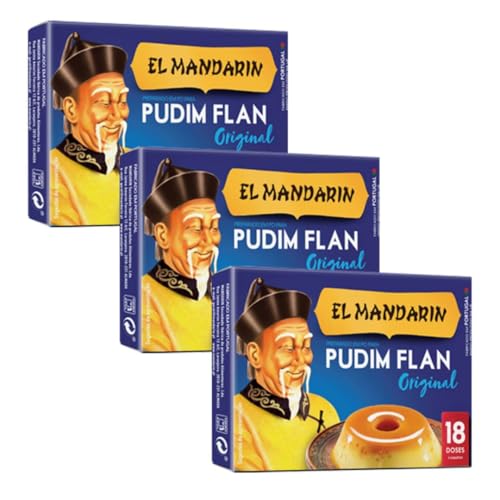 Pack x3 El Mandarin Pudim Flan Chino 3 bolsitas de 18 porciones, preparado en polvo para flan, 9 bolsitas de 54 porciones totales, sin gluten, postre clásico fácil de preparar.