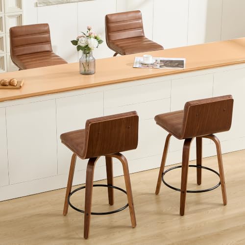 Image of Swivel Bar Stools Set of 4,26 inch Faux Leather Counter Height Barstools with Back,Mid Century Modern Upholstered Bar Chairs with Bentwood Legs Island Stools for Kitchen Counter Brown