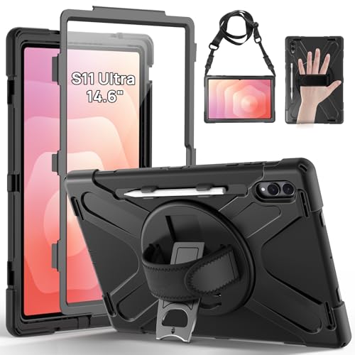 Image of Gerutek Case for Samsung Galaxy Tab S11 Ultra 14.6 inch 2025,Shockproof Samsung Tablet S11 Ultra Case Heavy Duty Rugged Cover with Screen Protector,360 Rotating Stand/Hand Strap,Shoulder Strap,Black