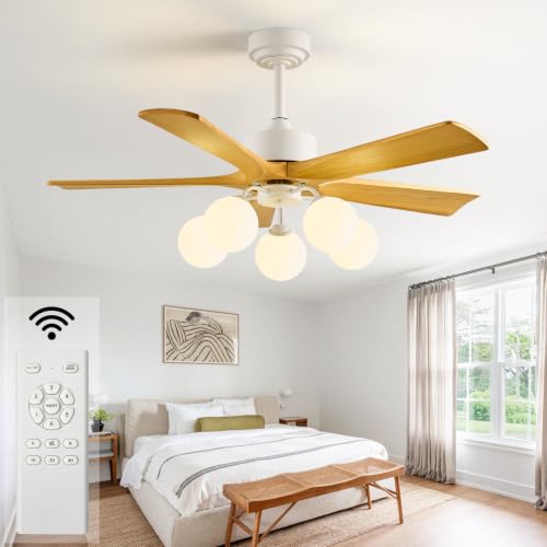 42 Inch Wooden Ceiling Fan with Light,5-Lights Glass Globe and Remote, 5 Reversible Carved Wood Blades, Indoor Wood Ceiling Fan with Quiet DC Motor,6 Wind Speeds,White Ceiling Fan for Bedroom Kitchen by kenaihon - Used condition - Image 9