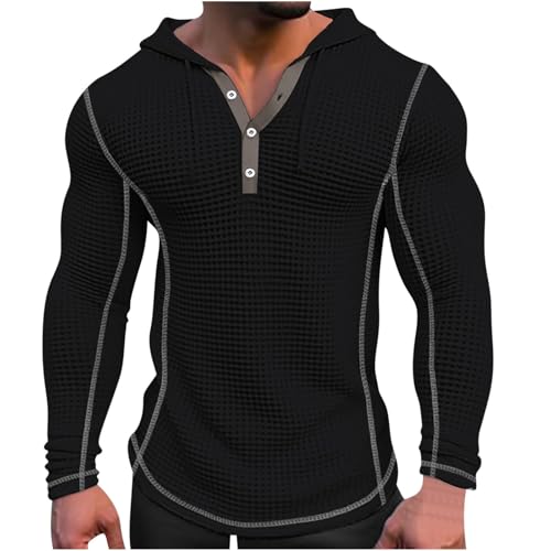 Mens Hoodies Pullover Casual Long Sleeve Drawstring Waffle Knit Hooded Sweatshirt Bodybuilding Muscle Shirt