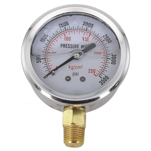 EasyByMall Manomètre d'huile hydraulique en acier inoxydable 0-3500 PSI, montage inférieur NPT de 6,35 mm, rempli de glycérine, résistant aux vibrations, étanchéité IP67 pour CVC et systèmes